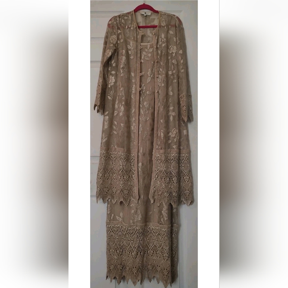 Sue Wong Crochet Lace Embroidered Dress Jacket Blazer Cover Up 2 pc Gold Nude L